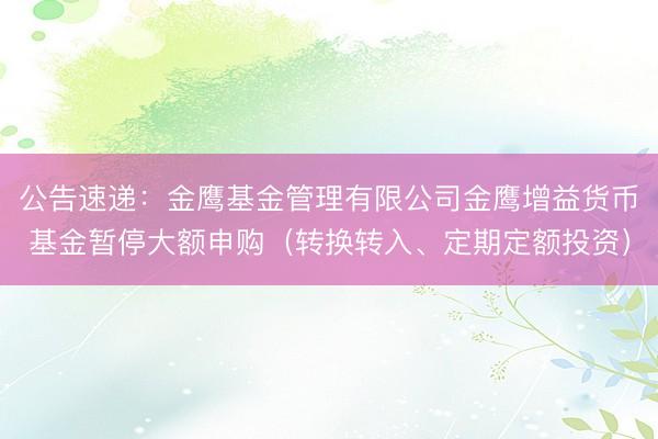 公告速递：金鹰基金管理有限公司金鹰增益货币基金暂停大额申购（转换转入、定期定额投资）
